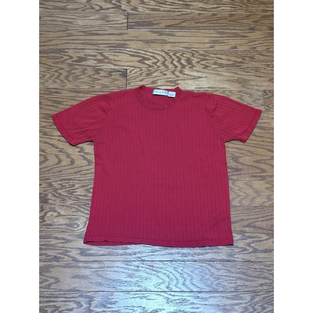 Vintage Chaus Women's Red Silk Short Sleeve Ribbed T-Shirt, Size Large